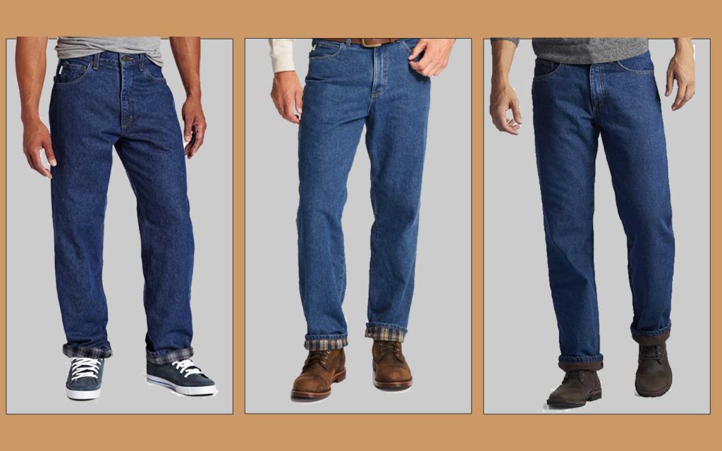 Three images of men's flannel lined pants