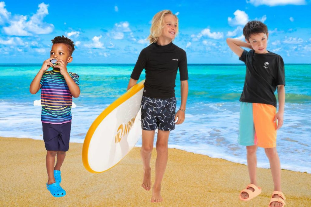 Three examples of the best swim trunks and board shorts for boys.