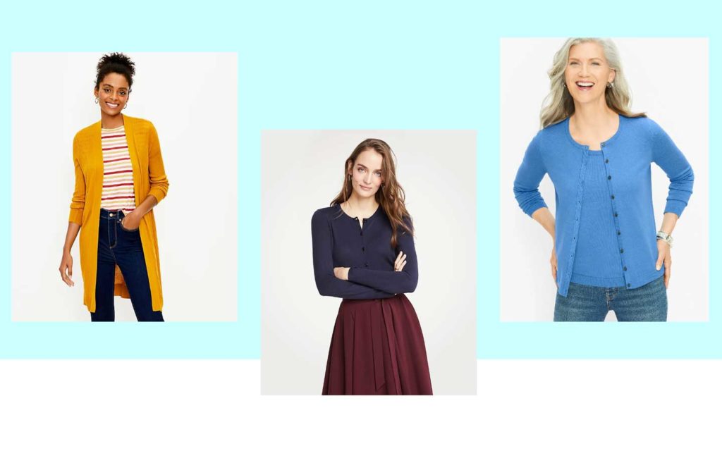 Three examples of women wearing some of the best lightweight cardigans